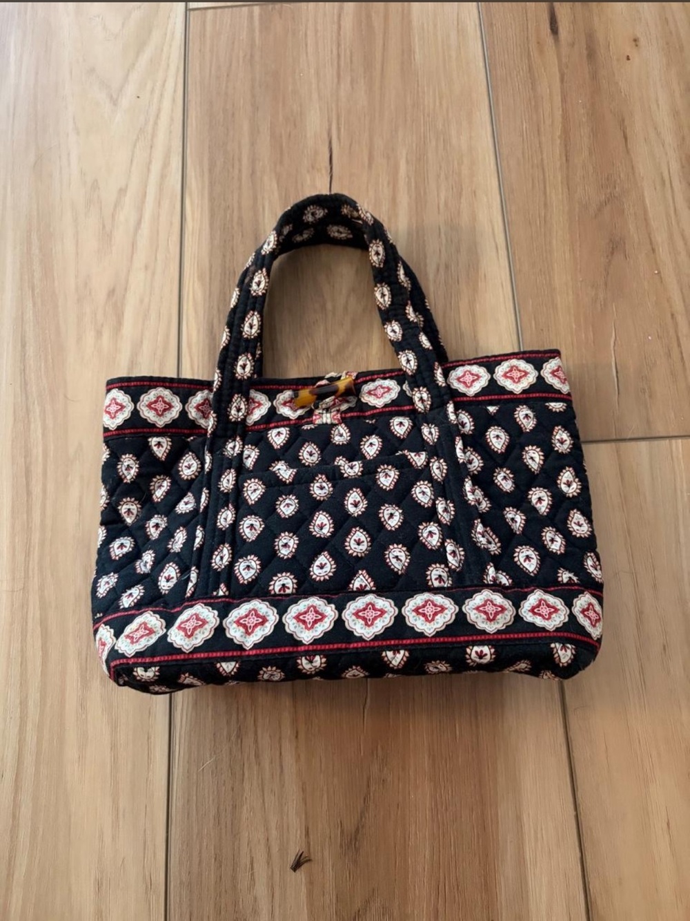 Vera Bradley Black Quilted Mini Tote with Red and Cream Motif